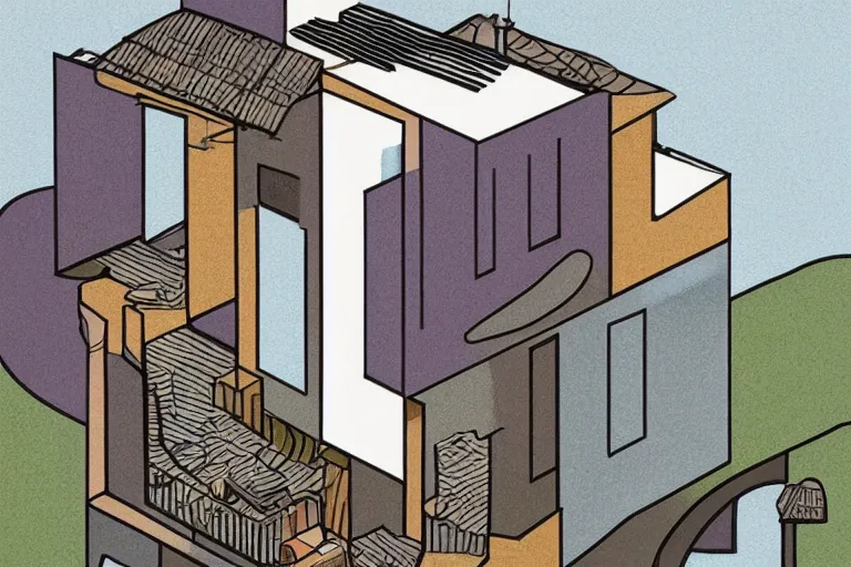 Prompt: a beautiful flat 2 dimensional illustration of a cross section of a house, view from the side, a storybook illustration by muti, colorful, minimalism, featured on dribble, unique architecture, behance hd, dynamic composition