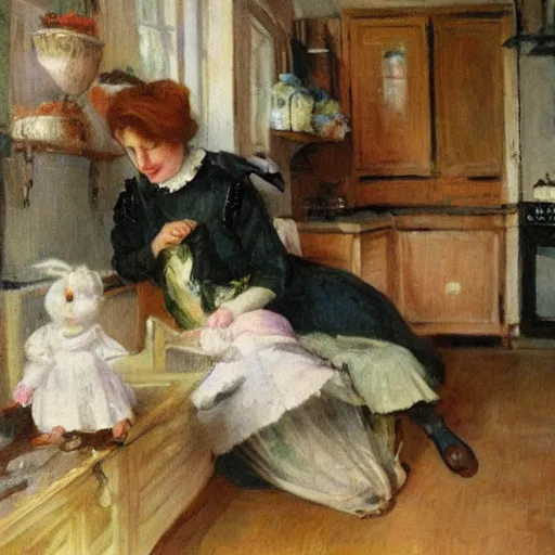 Image similar to a rabbit and a young edwardian woman in a french cozy kitchen, in the style of anders zorn