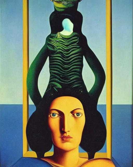 Image similar to portrait of a woman by rene magritte and lisa frank and salvador dali and h. r. giger