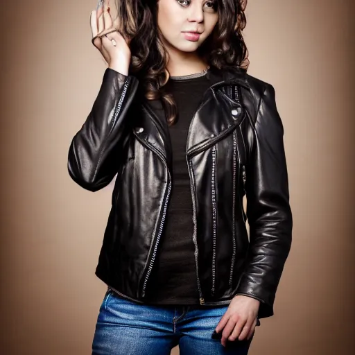 Prompt: young woman in her 20s, she wears a leather jacket and boots, photography, very detailed face, full body shot