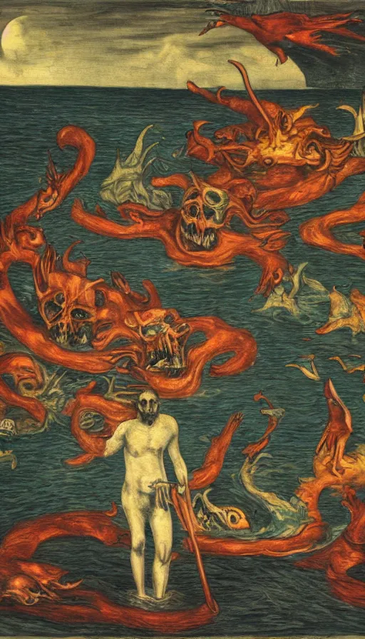 Image similar to man on boat crossing a body of water in hell with creatures in the water, sea of souls, by schizophrenia patient