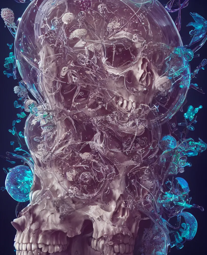 Image similar to close-up portrait goddess skull, thorax, x-ray, backbone, jellyfish phoenix head, nautilus, orchid, skull, betta fish, bioluminiscent creatures, intricate artwork by Tooth Wu and wlop and beeple. octane render, trending on artstation, greg rutkowski very coherent symmetrical artwork. cinematic, Triadic color scheme, hyper realism, high detail, octane render, 8k