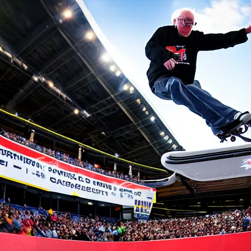 Image similar to bernie sanders skating in the x games backflip photography 4 k espn