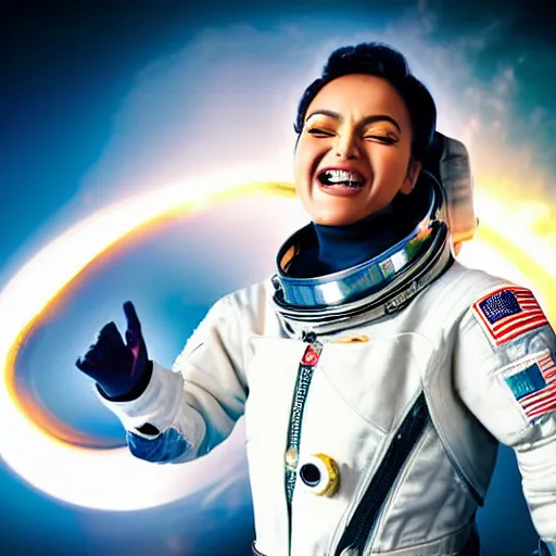 Prompt: a closeup photo of rihana as a hero sci fi space cosmonaut in a nice action pose, there is an explosion on the background, lighting her with a rim light, she is laughing, f 2. 8, advertising studio lighting,