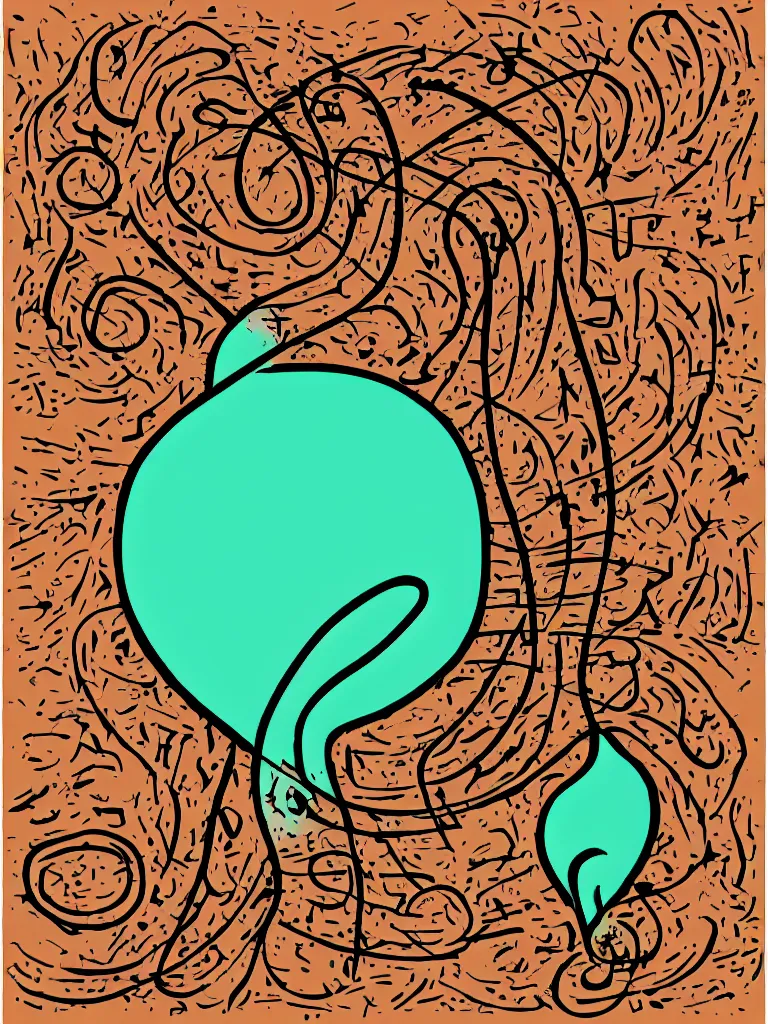 Image similar to abstract single line drawing of an acorn growing into a tree in shape of treble clef, splash of color, vector art