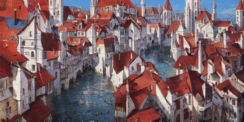 Image similar to hyper realistic oil painting of a medieval city made out of white and red houses, hyper detailed, high contrast, bright, summer, blue skies, by Greg Rutkowski, trending on artstation