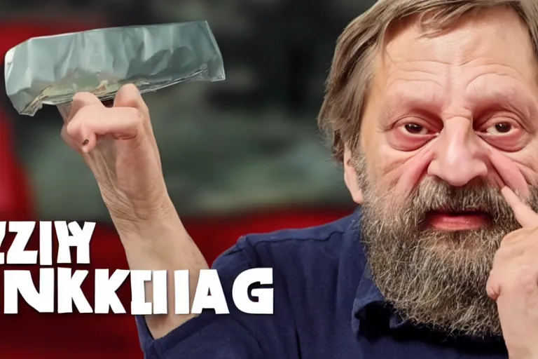 Image similar to Slavoj Žižek mukbang, youtube thumbnail