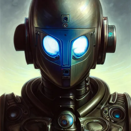 Image similar to front shot of a cyberpunk gazmask robot character, intricate, elegant, highly detailed, centered, digital painting, artstation, concept art, smooth, sharp focus, illustration, artgerm, Tomasz Alen Kopera, Peter Mohrbacher, donato giancola, Joseph Christian Leyendecker, WLOP, Boris Vallejo