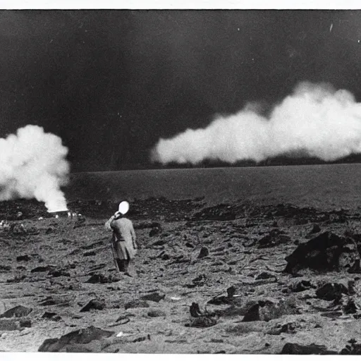 Prompt: a person takes a photo of an asteroid impact, taken on a ww 1 camera, dead people are floating in the ocean, the sky is filled with smoke.