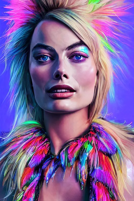 Prompt: Detailed portrait of beautiful Margot Robbie strong neon lighting, extravagant feathered collar, futuristic, by glenn fabry, hyper realistic, HD, oil on canvas