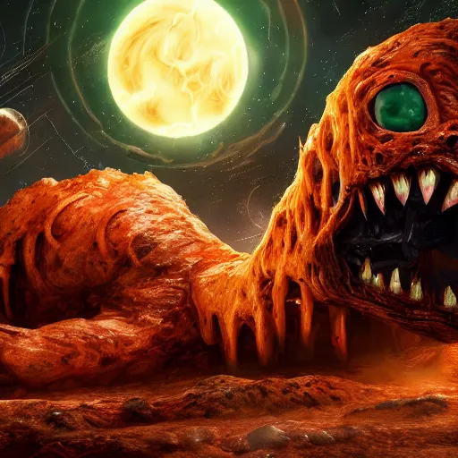 Image similar to eldritch horror bloody garfield in space, hd, 8 k, giant, epic, realistic photo, unreal engine, stars, prophecy, powerful, cinematic lighting, destroyed planet, debris, violent, sinister, ray tracing, dynamic, epic composition, dark, horrific, teeth, grotesque, monochrome drawing, hellscape