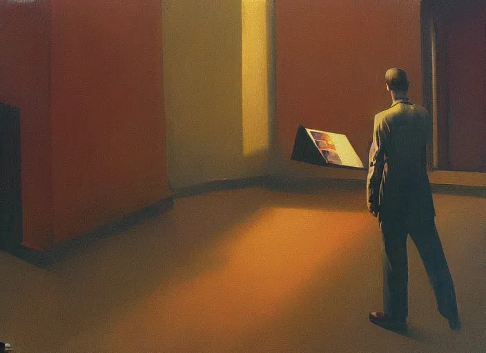 Image similar to painting of a man showing his art to the world, science fiction, Edward Hopper and James Gilleard, Zdzislaw Beksinski, highly detailed