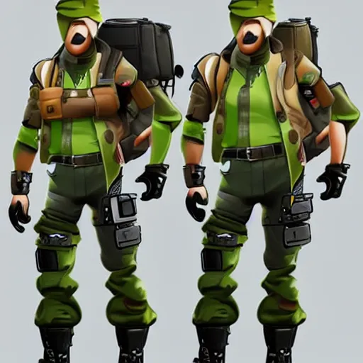 Image similar to anthropomorphic pickle man wearing bullet proof vest, ammo bandolier, tactical cargo pants, black military boots. fortnite character design