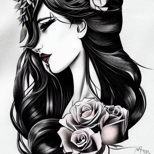 Image similar to tattoo design, stencil, beautiful girls face, long black hair, roses and ivy surrounding by artgerm, artgerm, cat girl, anime