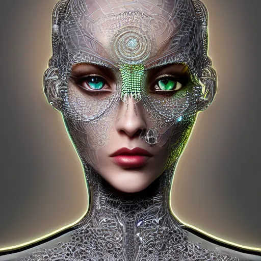 Prompt: woman integrating with technology, full face, insipiring, detailed intricate ornate cables connected to head, big open electric eyes, luxurious detailed abundent wiring and implants, diamonds, sci-fi, neon, emeralds, detailed technology full background, highly detailed, artstation, Rene Lalique and Eddie Mendoza