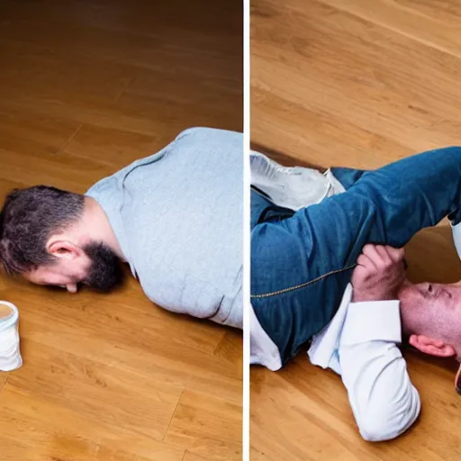 Prompt: photo of a man on the floor with a broken back, and another man on the floor vomiting all over himself