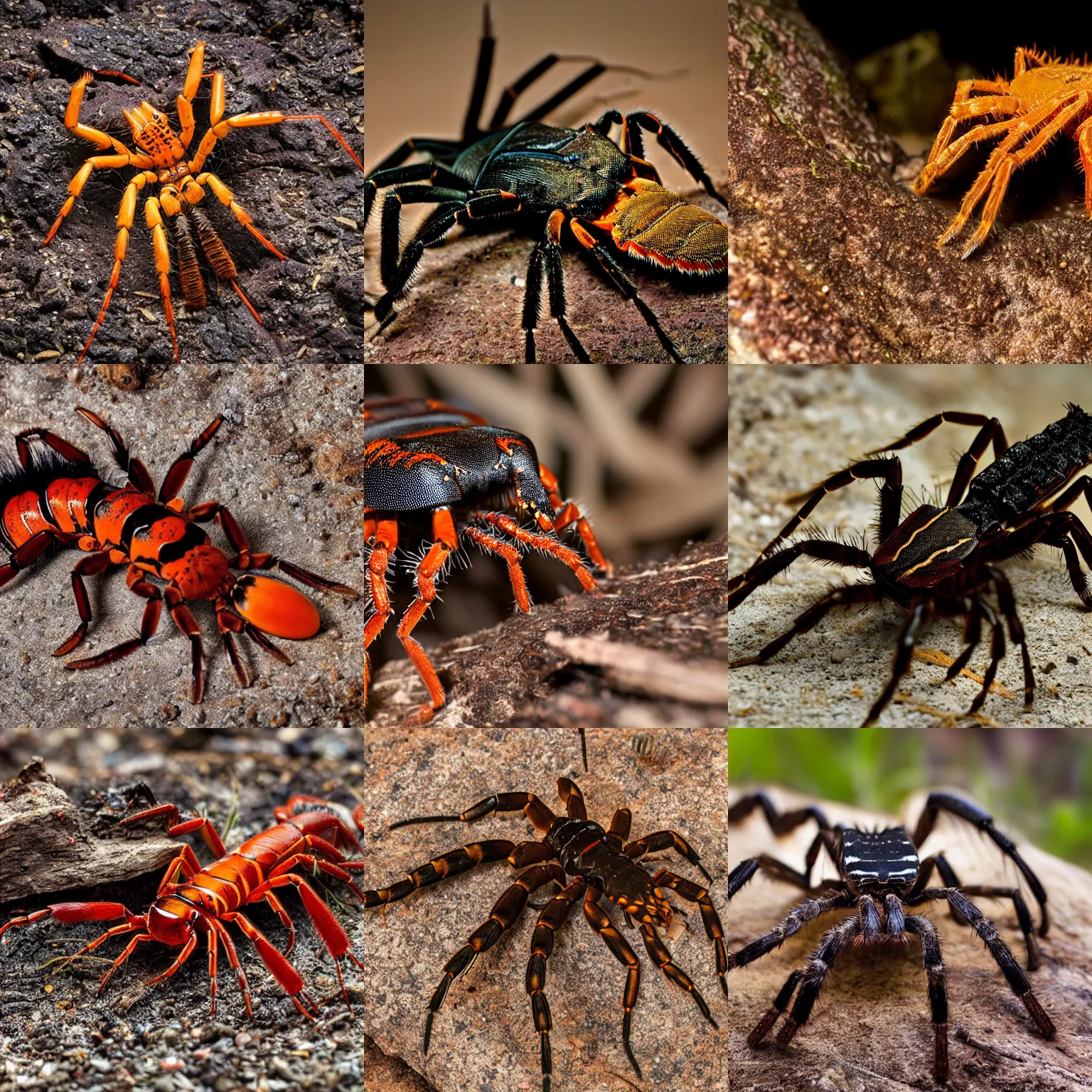Prompt: a centipede-lobster-tarantula-scorpion, wildlife photography