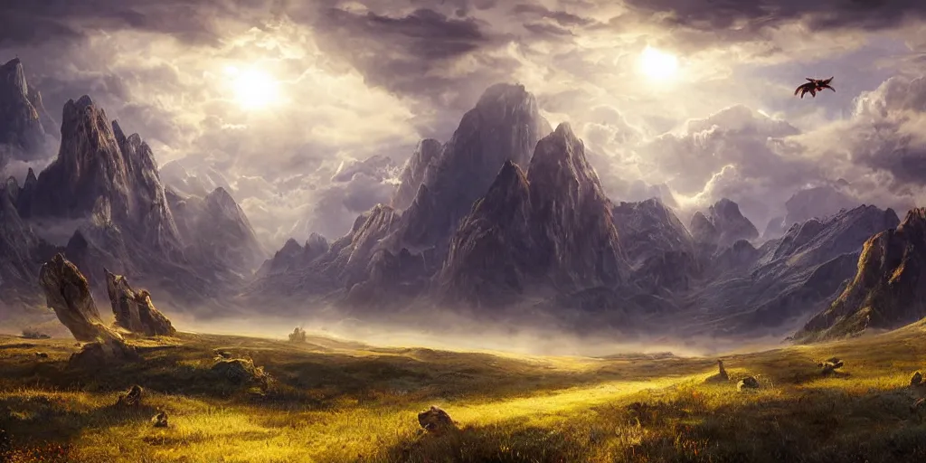 Prompt: a cinematic landscape view looking at an open field with a dragon flying above, mountains in the distance, the sun shines through the parted clouds, digital painting, fantasy, art by alexandre mahboubi and christophe oliver