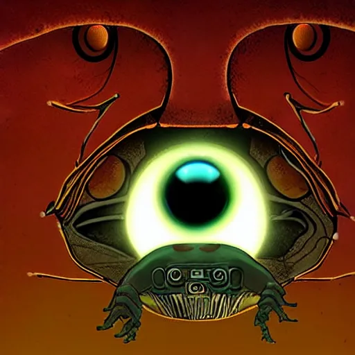 Image similar to GLaDOS as a lovecraftian god, orange glowing eye