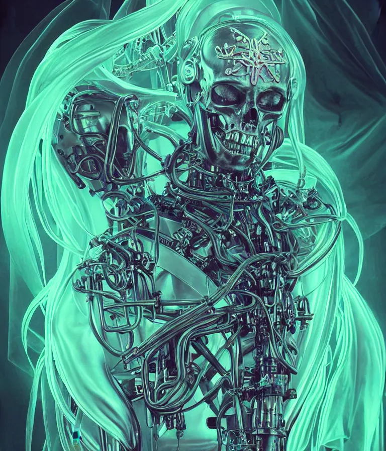 Image similar to fully symmetrical centered iridescent portrait of a beautiful princess of death in robe. skulls artificial muscles, ribcage, bones, hard surface modelling. cyberpunk look. biomechanical mask. bio luminescent biomechanical halo around head. neon jellyfish. artwork by jarold Sng by artgerm, by Eddie Mendoza, by Peter mohrbacher by tooth wu, unreal engine, octane render, cinematic light, high details, iridescent colors, dichroic, macro, depth of field, blur