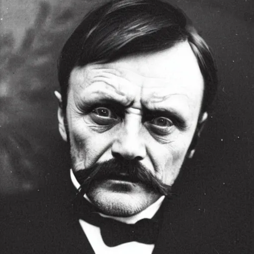 Image similar to headshot edwardian photograph of anthony hopkins, mads mikkelsen, bryan cranston, terrifying, scariest looking man alive, 1 8 9 0 s, london gang member, intimidating, tough, realistic face, peaky blinders, 1 9 0 0 s photography, 1 9 0 0 s, grainy, slightly blurry, victorian