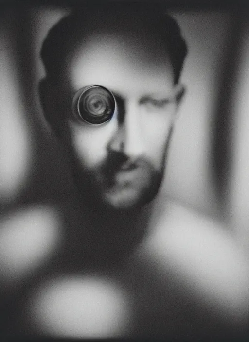 Prompt: studio portrait of a man who is made of eyeballs. dusk, sunset, film photo, rollei 3 5 camera, tri - x film