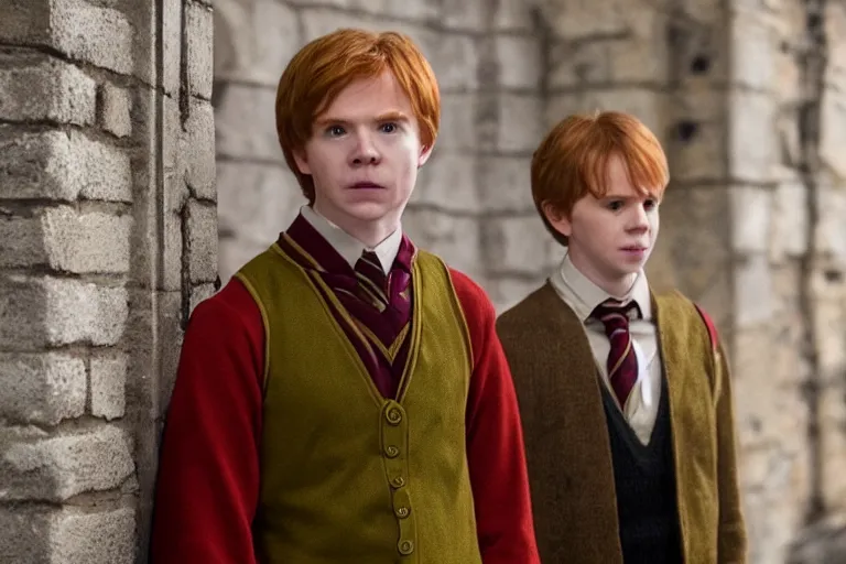 Image similar to film still Freddy Highmore as Ron Weasley wearing hogwarts uniform in Harry Potter movie