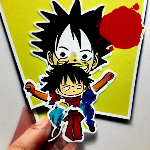 Image similar to die cut sticker, luffy is joyboy, splatter paint on paper