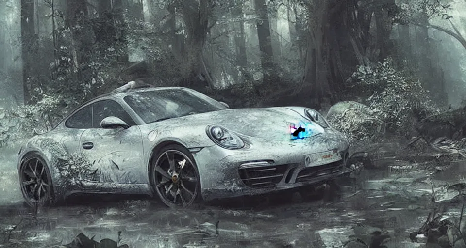 Image similar to porsche in nature, chaos, digital art,ultra realistic,ultra detailed,art by greg rutkowski