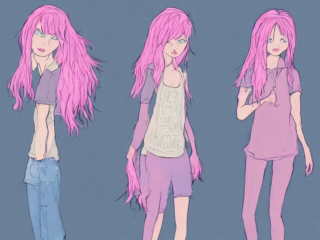 Image similar to concept art for the main character in the award winning film named life is better in pink. the character is a unnaturally attractive teenage girl with deep blue eyes and pink dyed hair, wearing only light pink clothes.