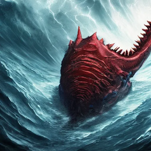 Image similar to top down view of an alien leviathan emerging from a deep ocean during a storm, cinematic lighting, dramatic, masterpiece, trending on artstation