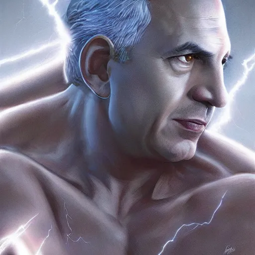 Image similar to benjamin netanyahu as the greek god of lightning, lightning bolts, highly detailed, ultra clear, by artgerm and greg rutkowski