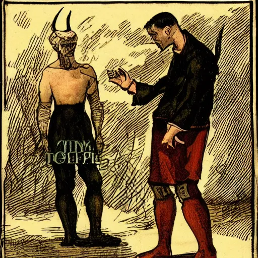 Prompt: A devil tempts a man with sin.