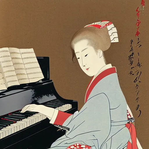 Prompt: girl with curly blonde hair sitting at a piano, painting by utamaro