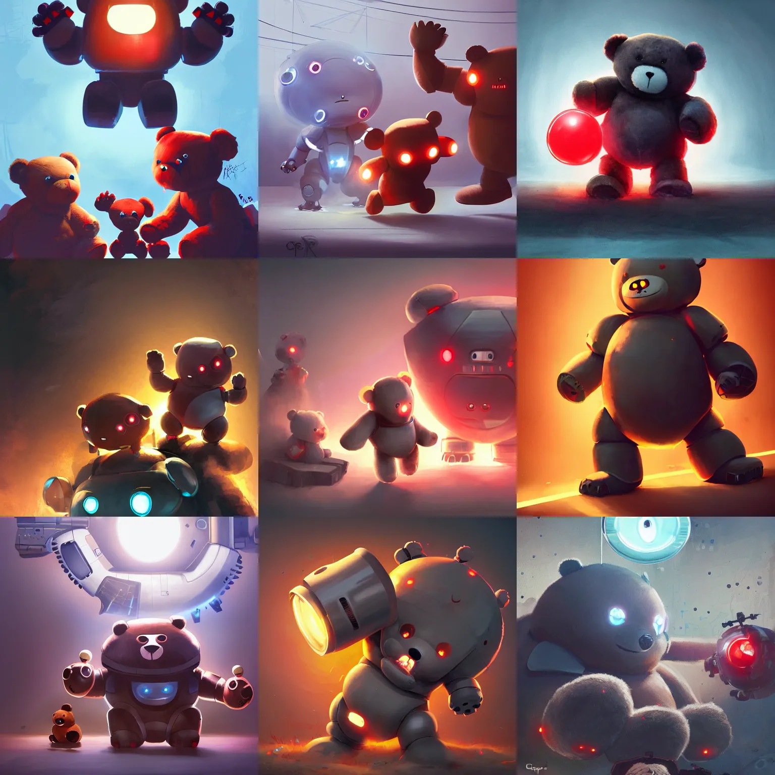 Prompt: sideview of cute chubby dangerous angry 3 years old robots kids in battle pose ruling the world with oversized teddy bear head big glowing laser red eyes and big bear ears , big complex belly mechanism , studio light, wapor wave retro design trending by greg rutkowski