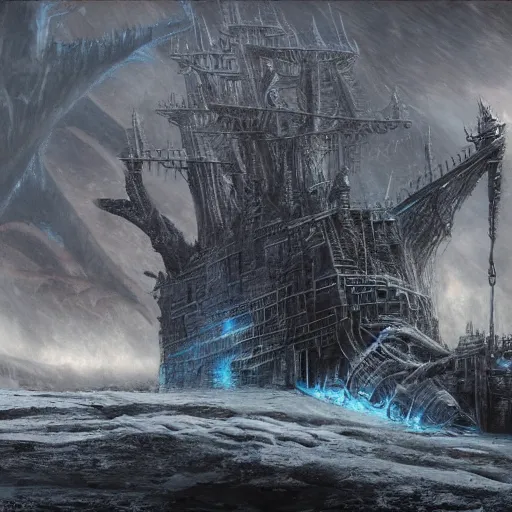 Prompt: ghost ship in hell, cold, icey white lightning, big frozen monstrocity Cthulhu in the background, hyperdetailed, artstation, cgsociety, by GIGER, by H. R. GIGER