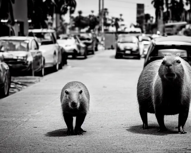 Prompt: a capybara walking in the streets of los angeles, street photography, black and white