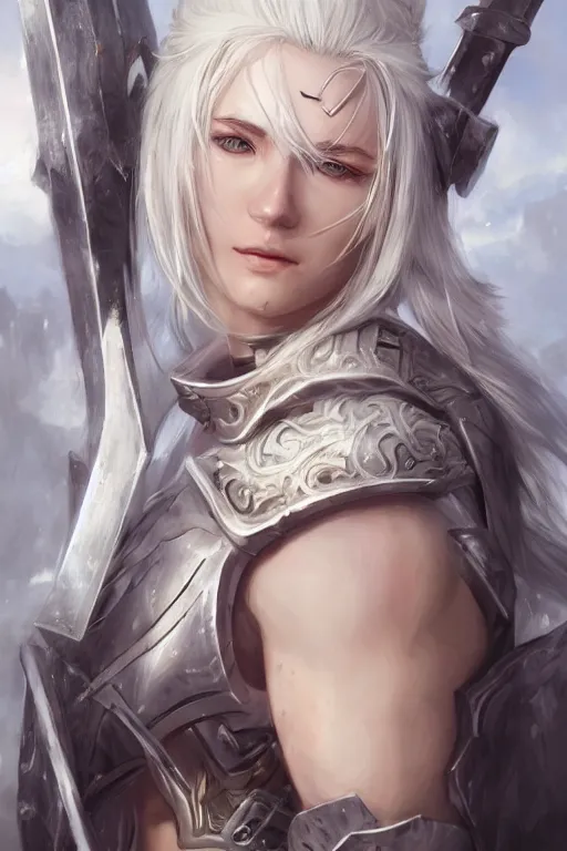 Image similar to A realistic anime portrait of a white haired female barbarian wearing an intricate armor, digital painting, by Stanley Artgerm Lau, Sakimichan, WLOP and Rossdraws, digtial painting, trending on ArtStation, SFW version