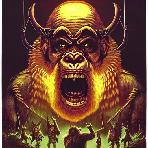 Prompt: barong family member, viking warrior, viking beard, reindeer horns, runic inscription, king kong, gorilla, wiwek, mara demon, one single tribe member, jungle, one single mask, dark, ancient warrior, tribal, inner glow, art by dan mumford and justin gerard and wayne barlowe and bob pepper