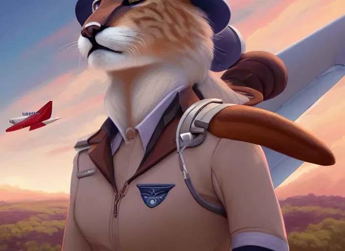 Image similar to character portrait feature of the anthro female anthropomorphic puma bobcat mountain lion fursona wearing airline pilot outfit uniform professional pilot for delta airlines character design stylized by charlie bowater, ross tran, artgerm, and makoto shinkai, detailed, soft lighting, rendered in octane, peru in background