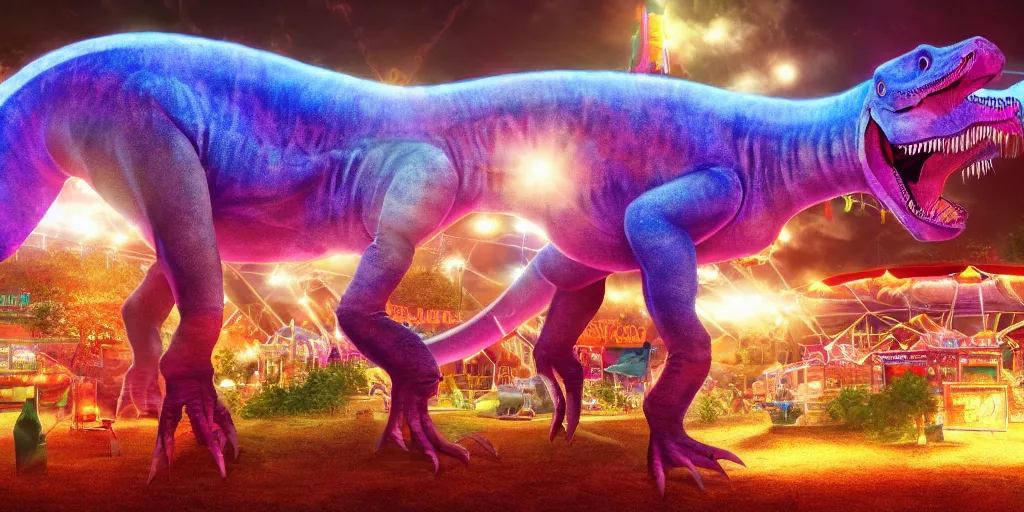 Image similar to glowing hologram dinosaur at the county fair by makoto shinkai