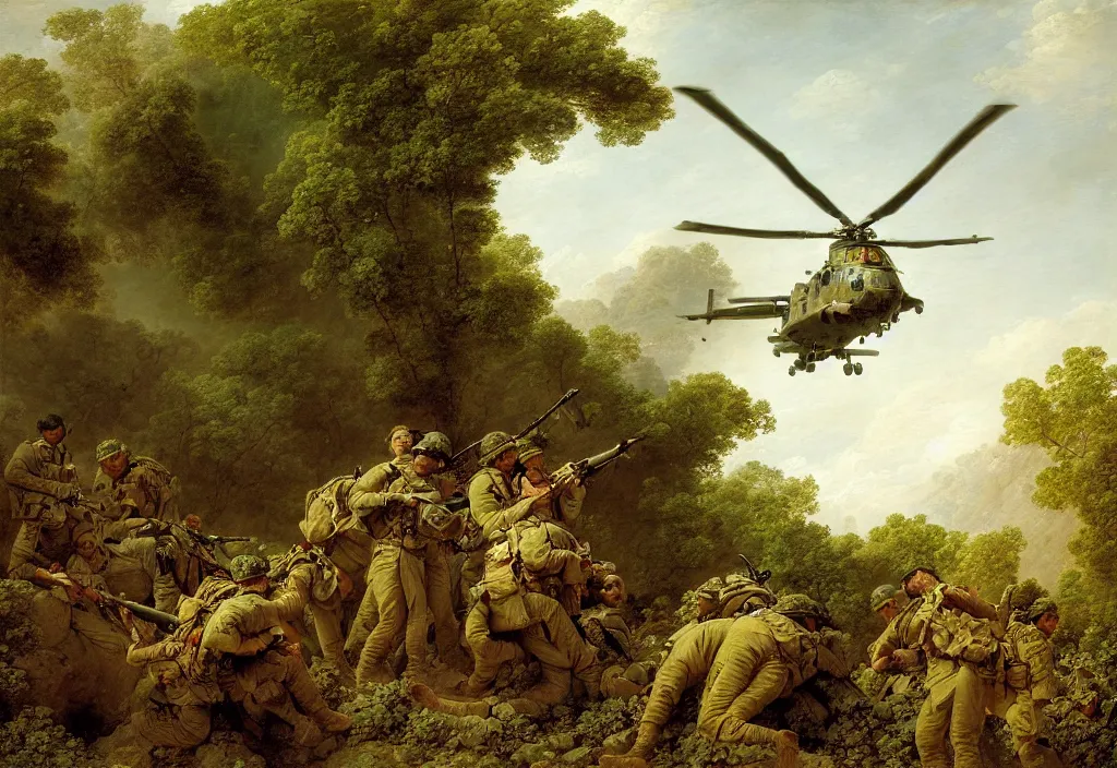 Prompt: afghanistan war by jean honore fragonard, green jungle, helicopters, battlefield, firings, bombs