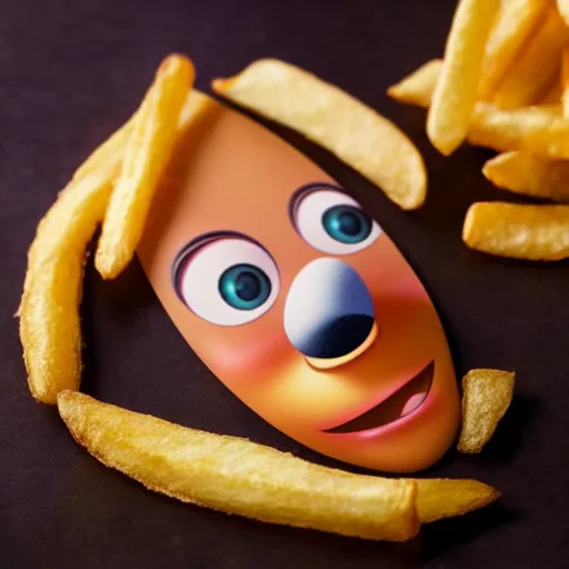 Image similar to photo of [ a single salted french fry chip ] shaped like that looks like stephen fry as a pixar character hybrid intercross mix cinematic lighting