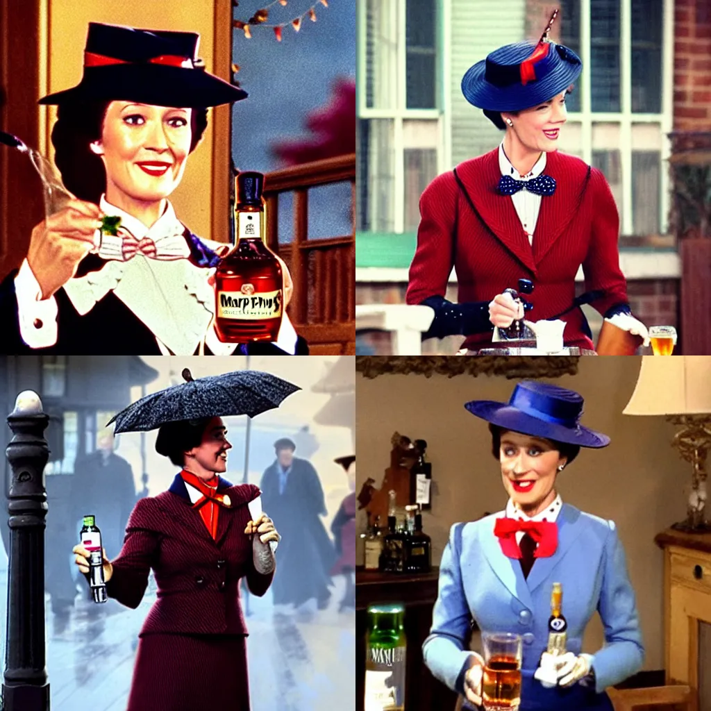 Prompt: Mary Poppins stressed out from being a nanny and taking a whiskey break