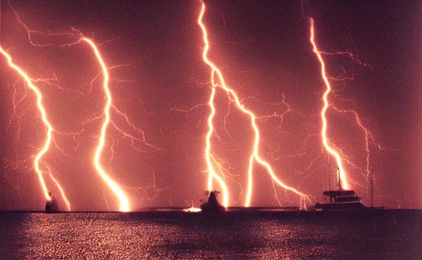 Prompt: small yacht caught in a storm, red lightnings, windwhirl, night, 1995 photo