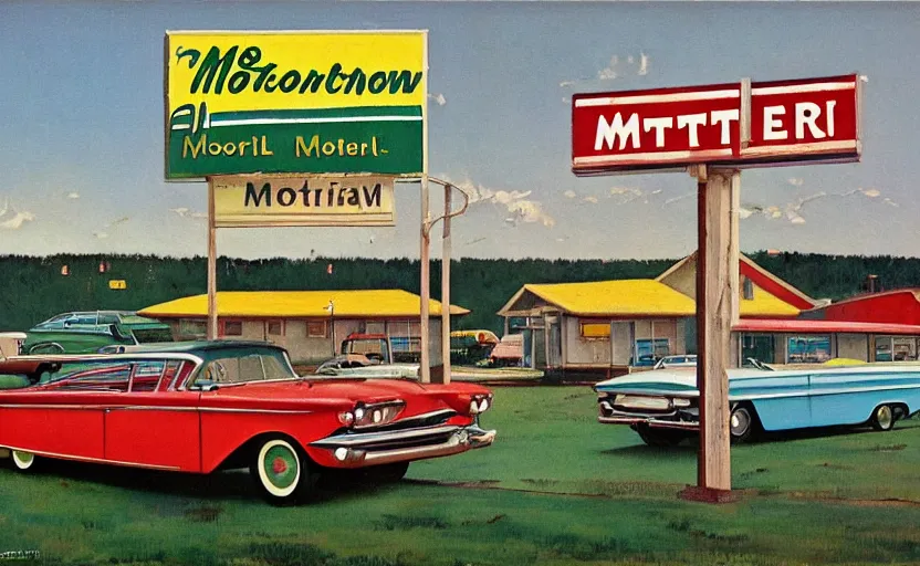 Image similar to 1 9 6 0 s americana painting of a motel and motel sign with cars parked outside by norman rockwell