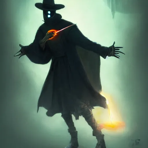 Prompt: plague doctor, Casting a opalescent colored spell, highly detailed, concept art,, D&D, Fantasy, Digital Painting, sharp focus, dynamic, lighting, 4k, by Greg Rutkowski