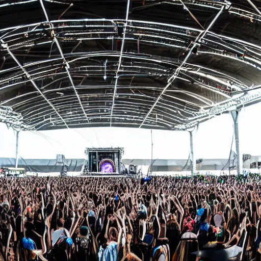 Prompt: edc at area 5 1. the main stage is located in a large aircraft hanger. shot on a sony a 7