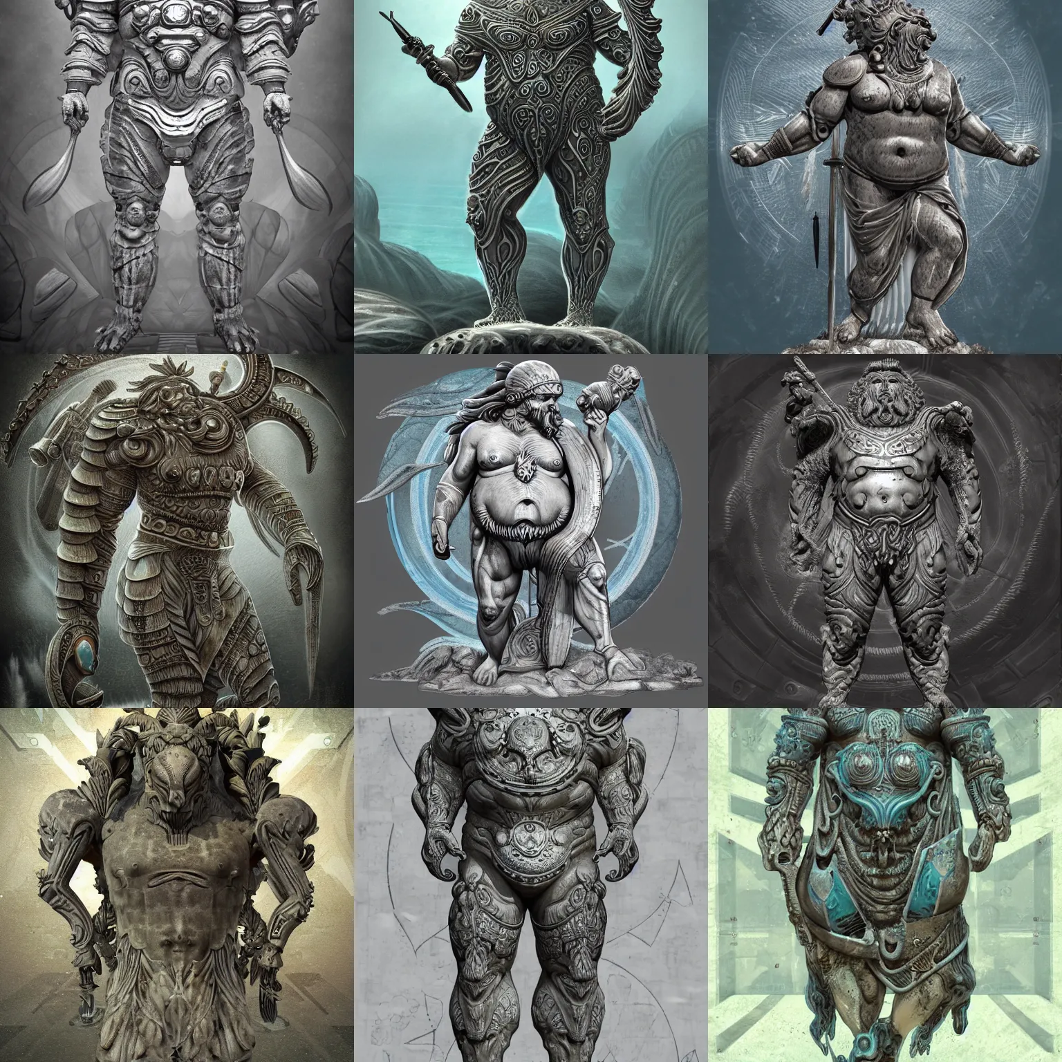 Prompt: fat greek god poseidon in ancient alien flora and fauna ocean sci-fi armor with ancient square geometric decor, giger style, stylized, highly detailed, trending on artstation, award winning
