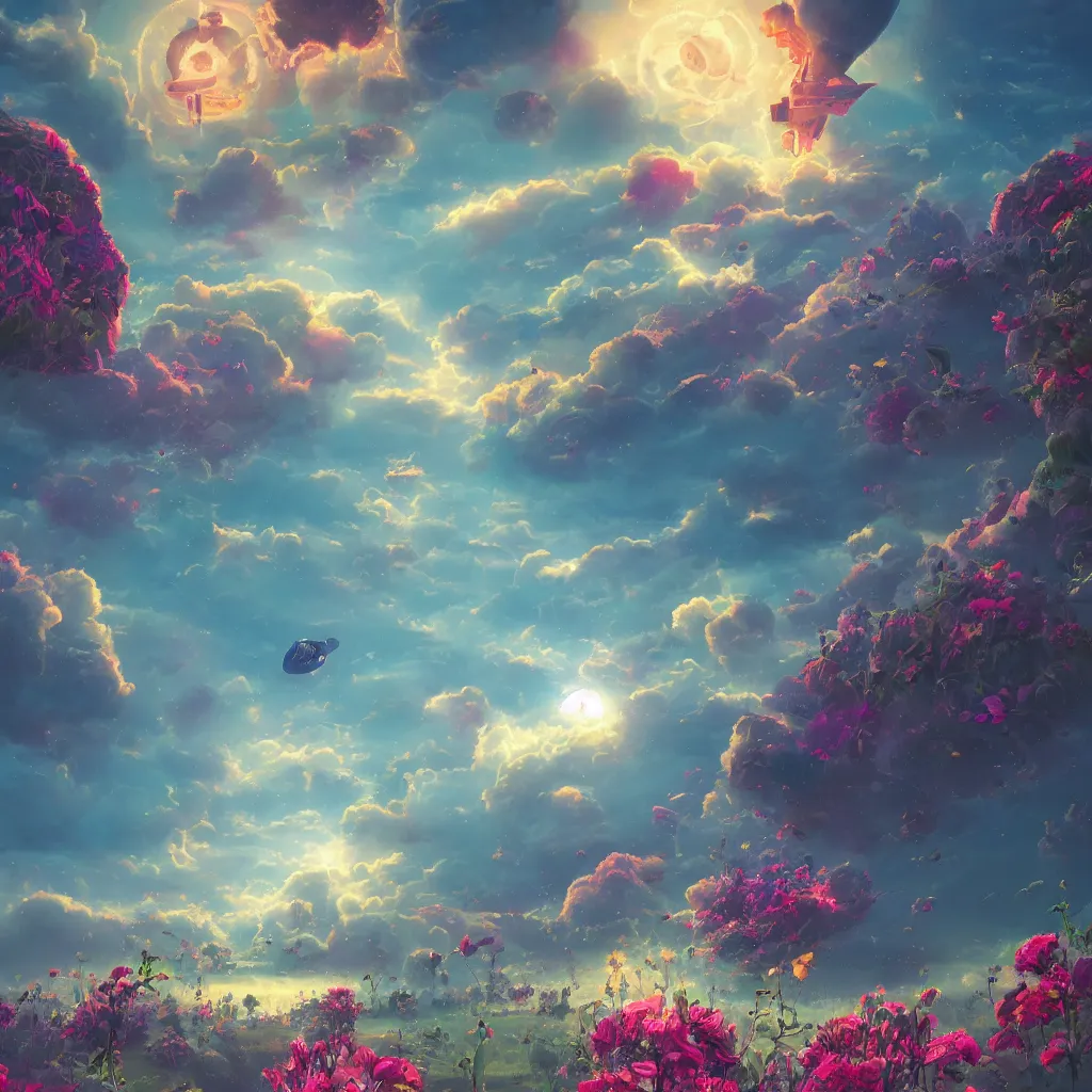 Image similar to digital illustration, a world full of life divine thrill of biological tranquil sky, atoms floating, flowers, spaceship, in the style of greg rutkowski and lisa frank, high detailed 8 k